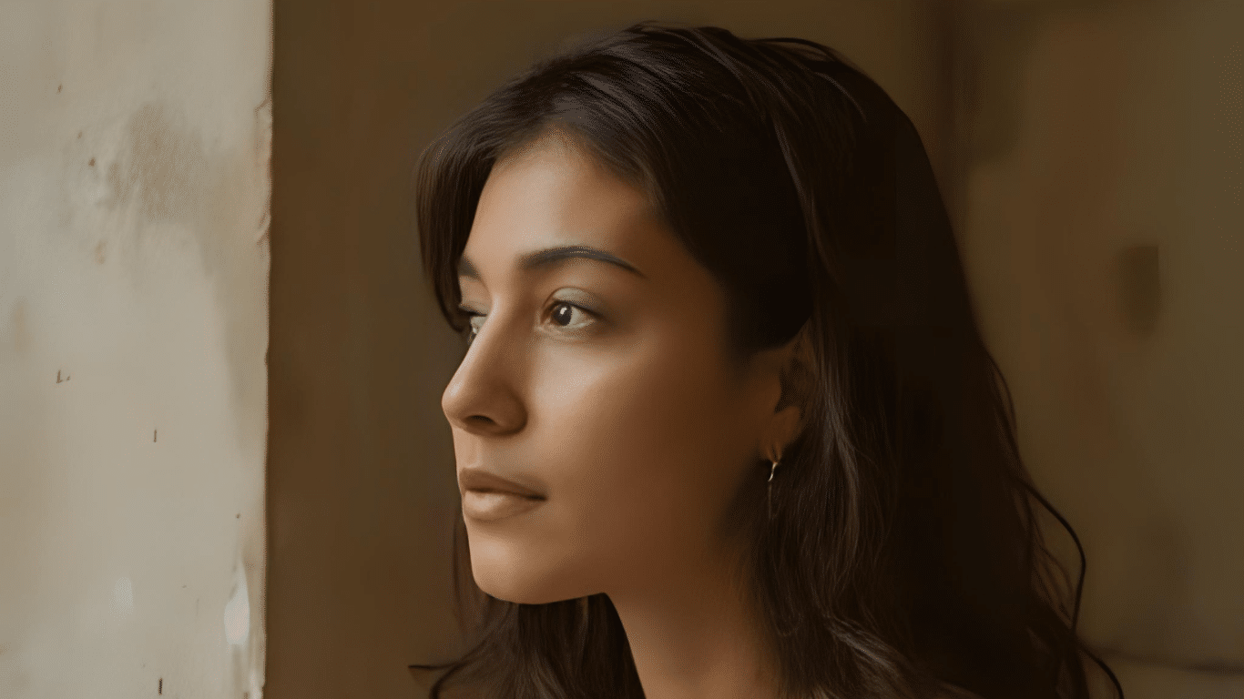 Mujer tomando café con mirada reflexiva y el mensaje identifica tu etapa de duelo, representación del proceso de sanación emocional consciente