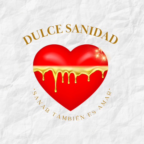 Logo de Dulce Sanidad con corazón rojo, símbolo de sanidad emocional, amor, fe y esperanza. Eslogan: Sanar también es amar.